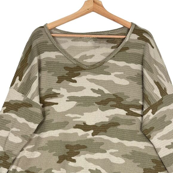 American Eagle V Neck Sweater Sz L Side Slits Camo Olive Green Waffle Knit Boho - Picture 2 of 8